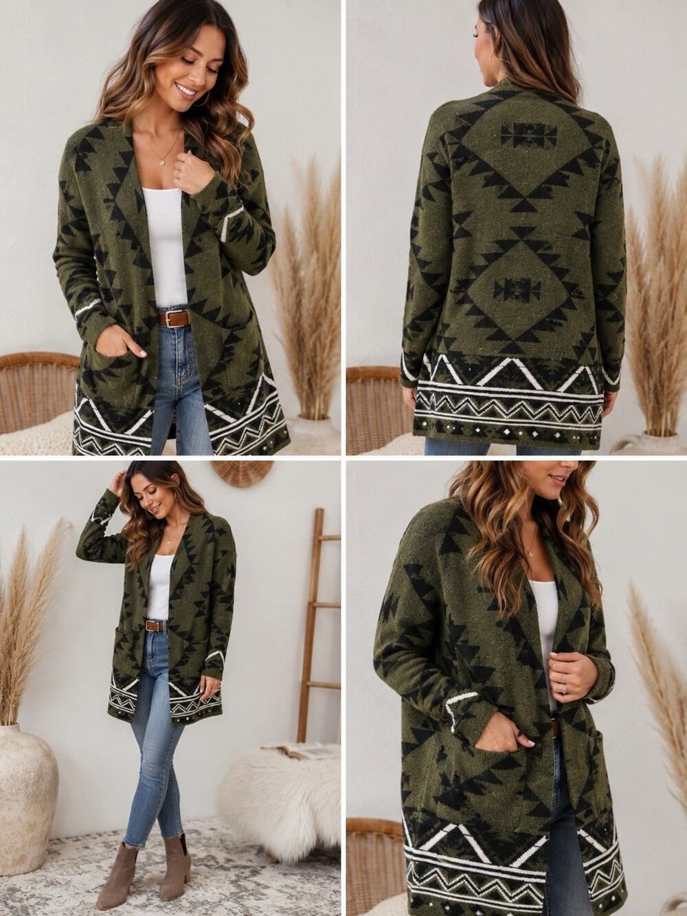Frye Medium Open Front Cardigan Sweater Olive Black Aztec Southwestern